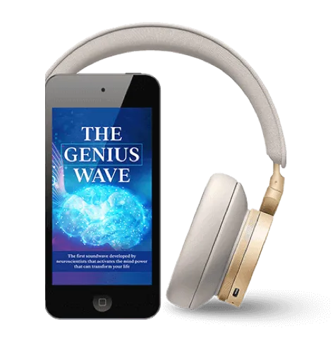 The Genius Wave audio program shown on a phone beside headphones