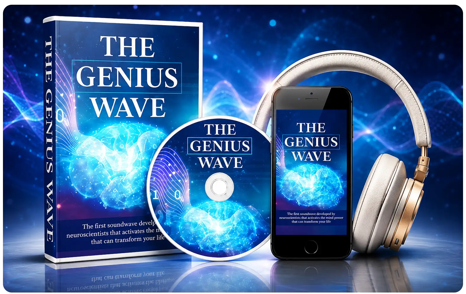 The Genius Wave digital audio product shown with headphones, phone and disc